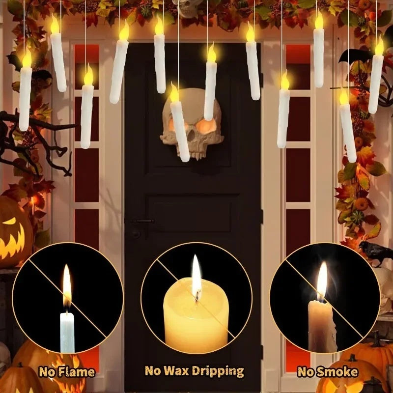 Decorative candles with flameless, wax-free, and smoke-free features on a Halloween-themed background.