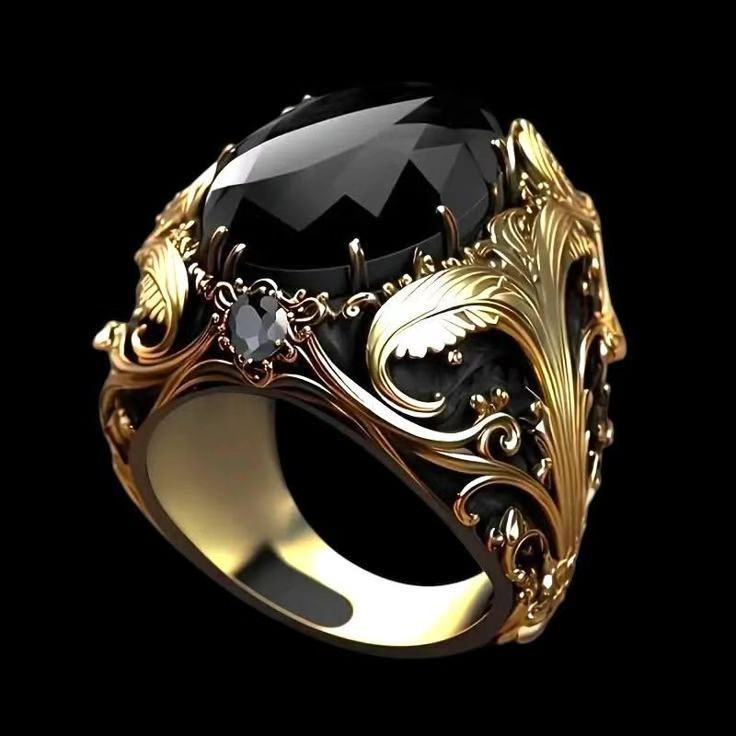 Regal Gothic Black Gem Ring – Wide Face Men’s Statement Band – Silver No 6