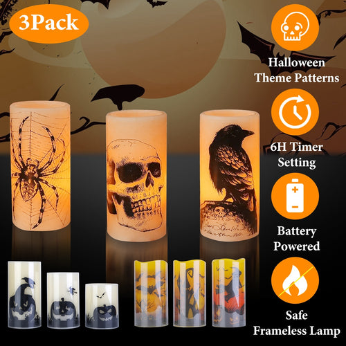 Set of three Halloween-themed candles with spider, skull, and crow designs on a dark background.
