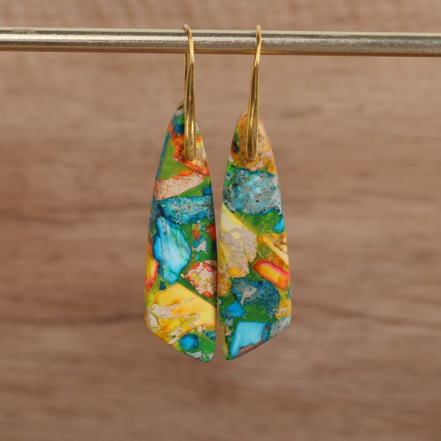 Geometric Flower Shape Pendant Earrings – yellow, blue, green