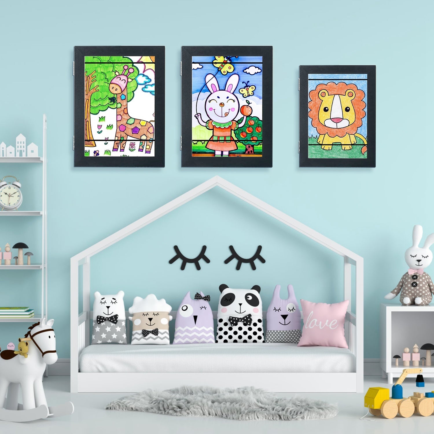 Kids Art Display Frames – 2-Pack Front-Opening Wall Frames with Nails (Black or White) – Black A4 home art